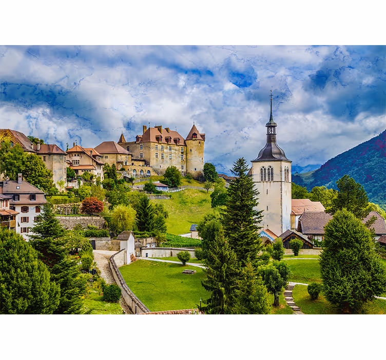Cortina roller living comedor pueblo medieval en gruyères - TenVinilo