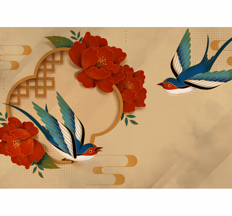 Cortina roller beige pájaros y flores 3d - TenVinilo