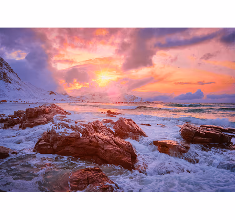 Cortina roller habitación atardecer en la costa noruega - TenVinilo