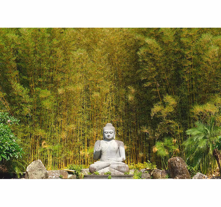 Cortina roller zen buda gris mirando la naturaleza verde - TenVinilo