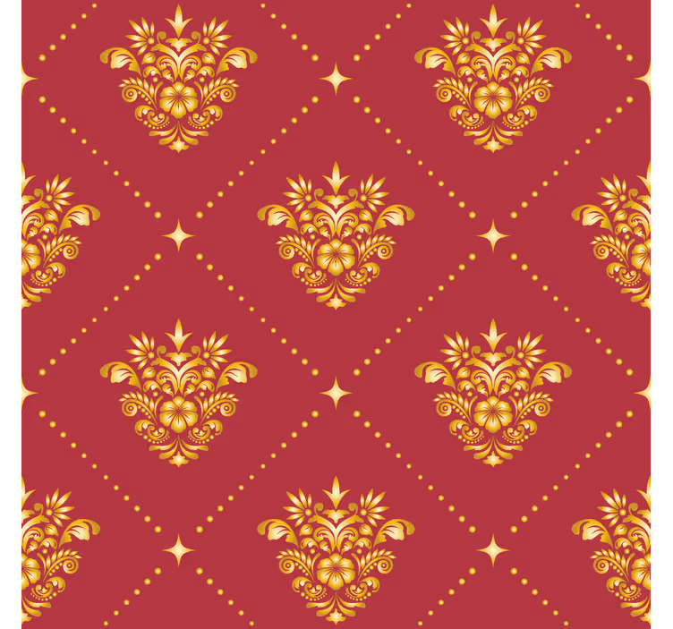 Cortina roller roja con patrón damasco dorado - TenVinilo