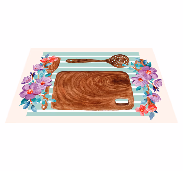 Mantel individual patrón Utensilios de madera con flores. - TenVinilo
