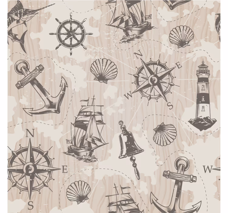 Papel mural beige con anclas sobre tablones de madera - TenVinilo