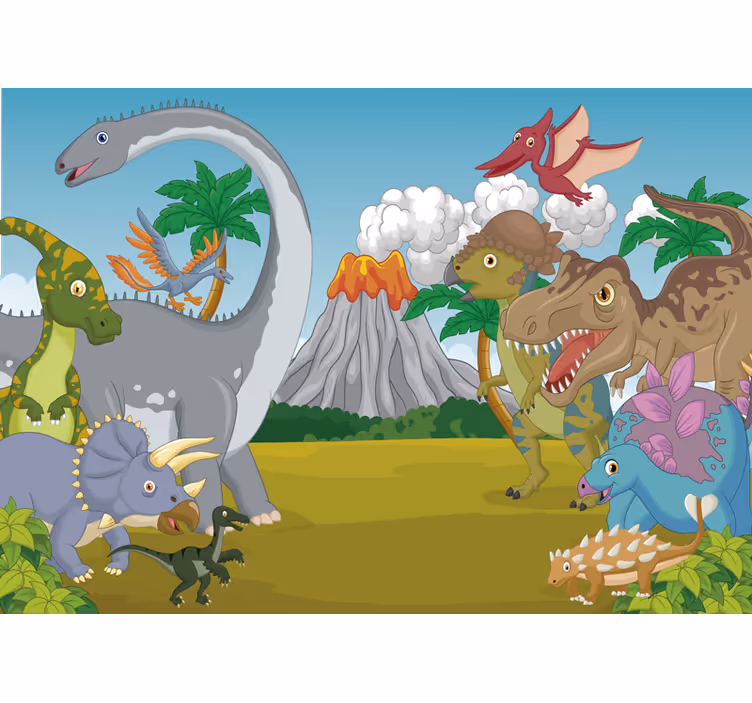 Fotomural infantil de dinosaurios y volcán - TenVinilo