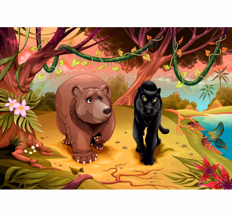 Fotomural infantil oso y pantera en la selva - TenVinilo