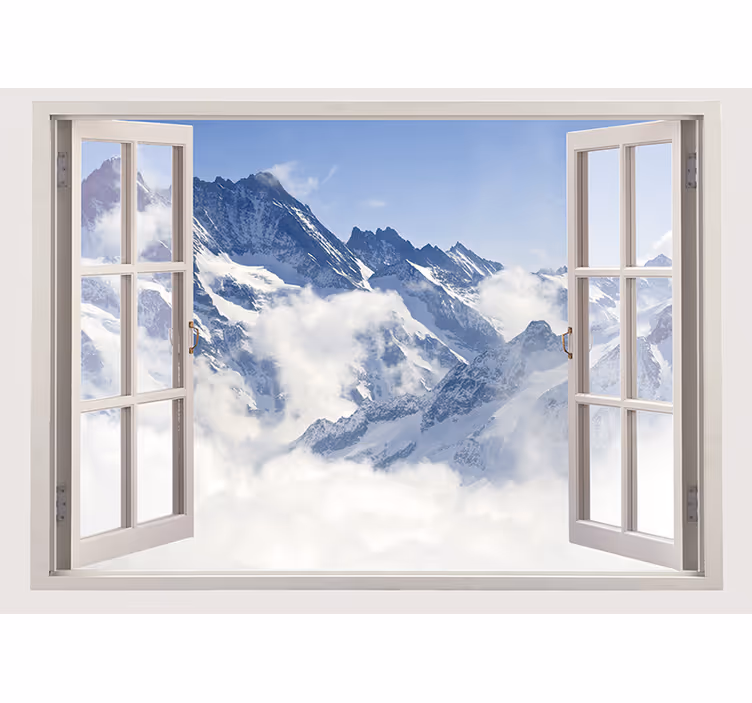 Fotomural 3D Montaña desde la ventana cielo azul - TenVinilo