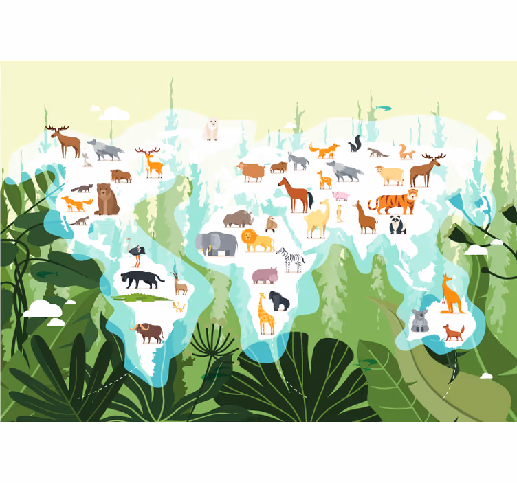 Mural de animales mapa del mundo animal - TenVinilo