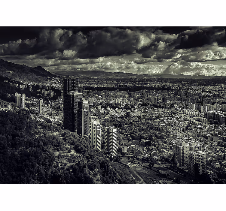 Mural ciudad paisaje urbano con vista a la montaña - TenVinilo
