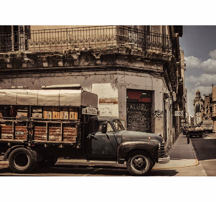 Mural ciudad camión vintage en la calle - TenVinilo