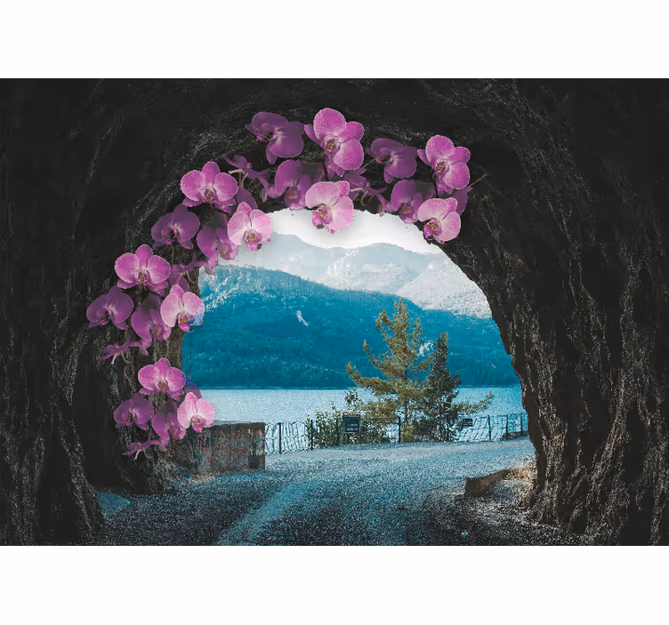 Mural de flores orquídeas enmarcando el paisaje - TenVinilo