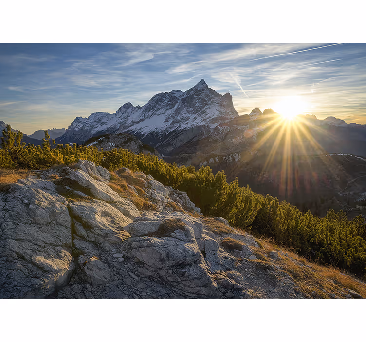 Mural de montañas amanecer majestuoso en picos - TenVinilo