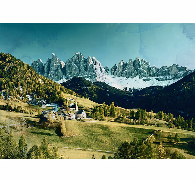 Mural de paisajes paisaje de pueblo en montaña - TenVinilo
