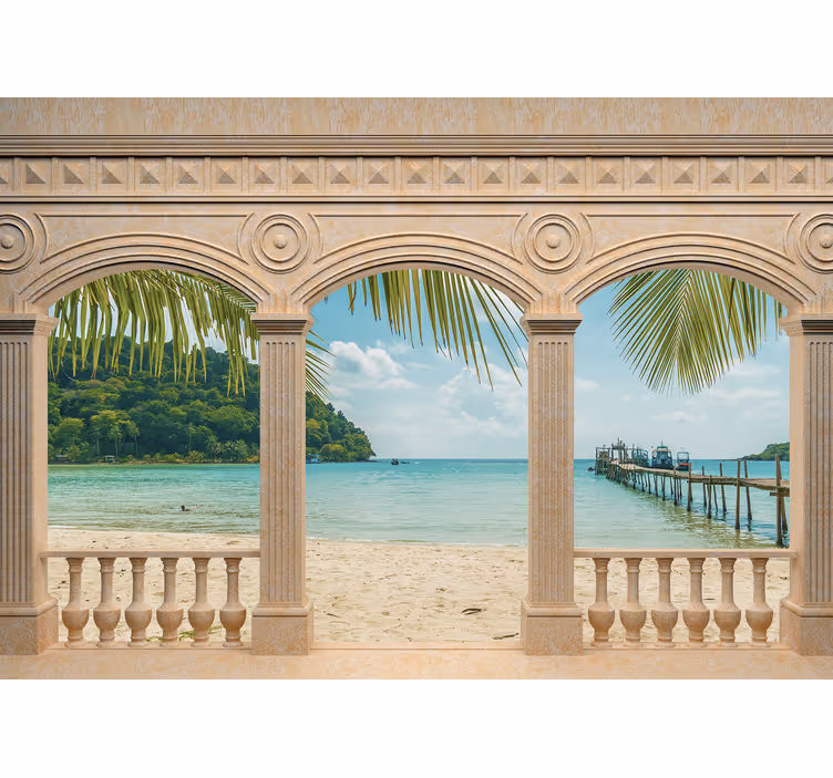 Fotomural 3D Arcos griegos con vistas al mar - TenVinilo