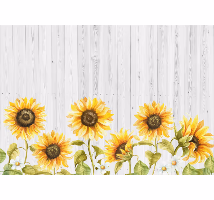 Mural de flores girasoles sobre textura de madera - TenVinilo