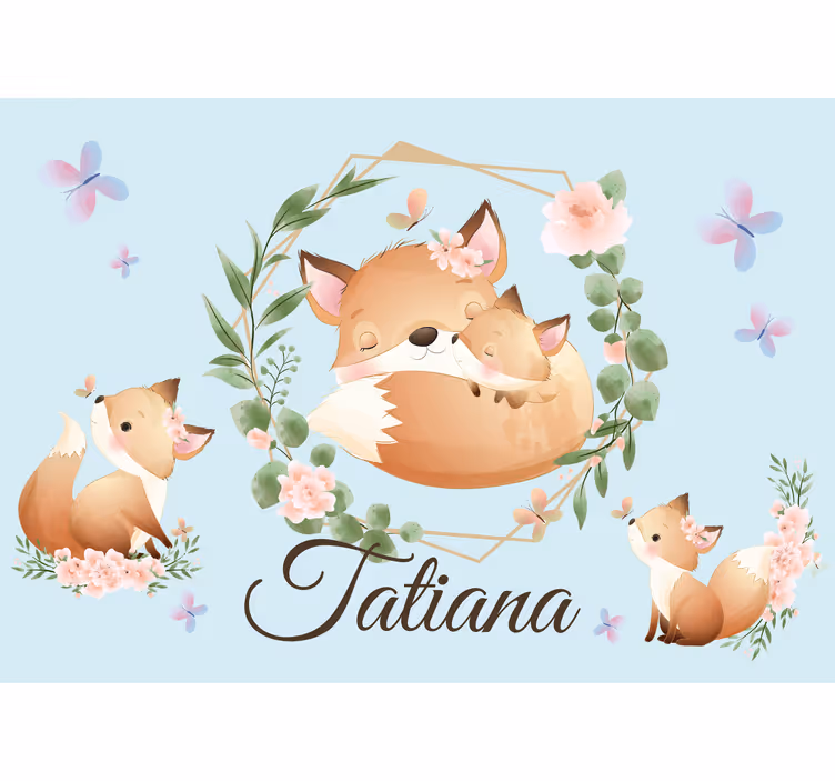 Mural infantil linda familia de zorros con nombre - TenVinilo