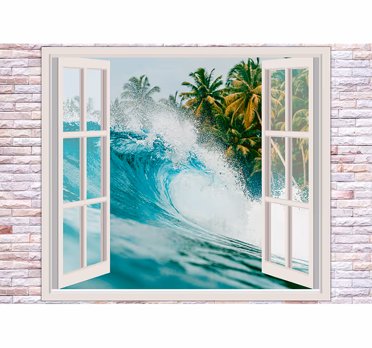 Fotomural 3D Ventana gran ola azul - TenVinilo