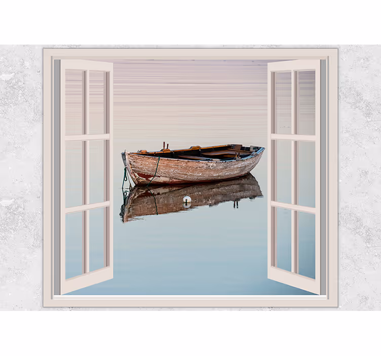 Mural de lago reflejo de barco rústico - TenVinilo