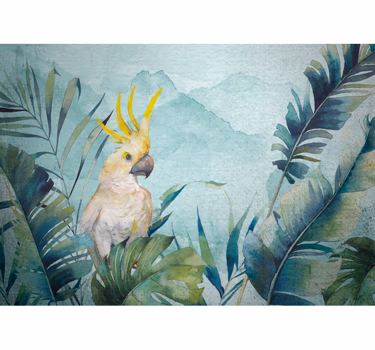 Mural de animales cacatúa entre hojas - TenVinilo