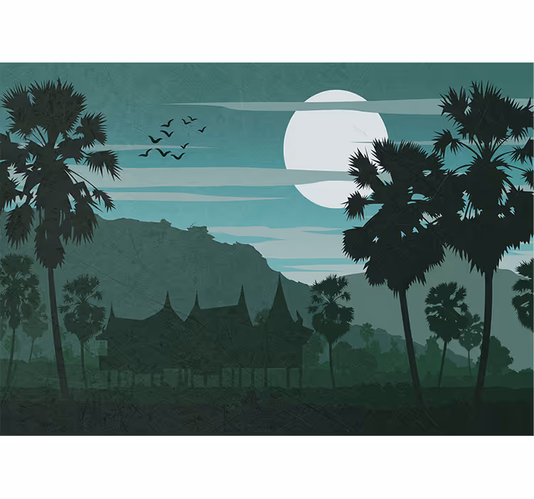 Mural de bosque palmeras a la luz de la luna - TenVinilo