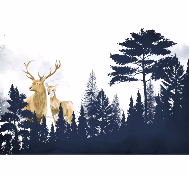 Mural de bosque ciervo majestuoso en pareja - TenVinilo