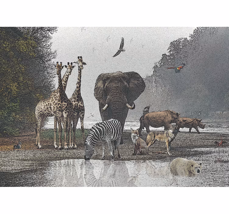 Mural de selva escena de encuentro de fauna - TenVinilo