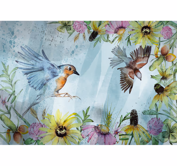 Mural para oficina pájaros florales coloridos - TenVinilo