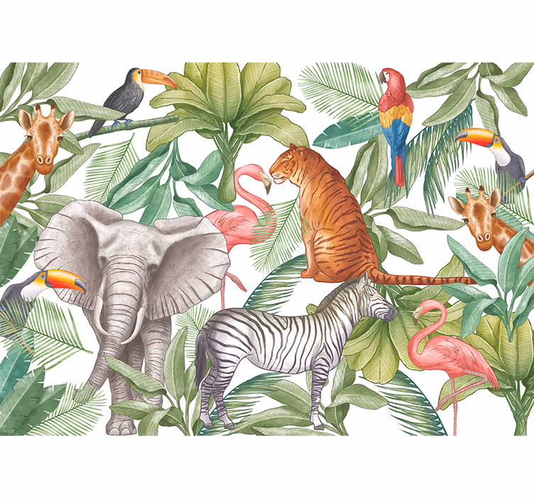 Mural de selva diseño de animales en acuarela - TenVinilo