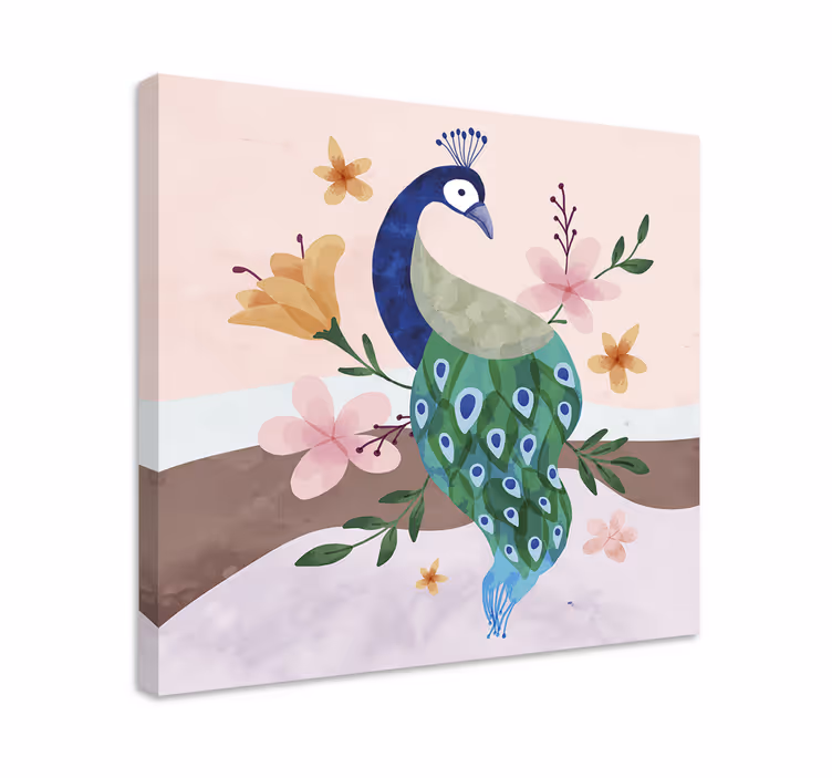 Cuadro plumas Pavo real con flores - TenVinilo
