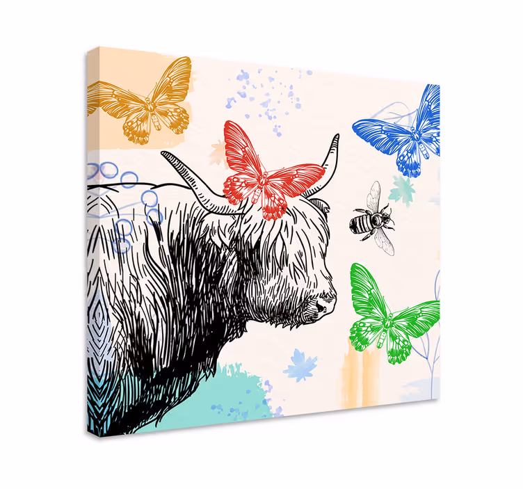 Cuadro animales vaca highland y mariposas - TenVinilo