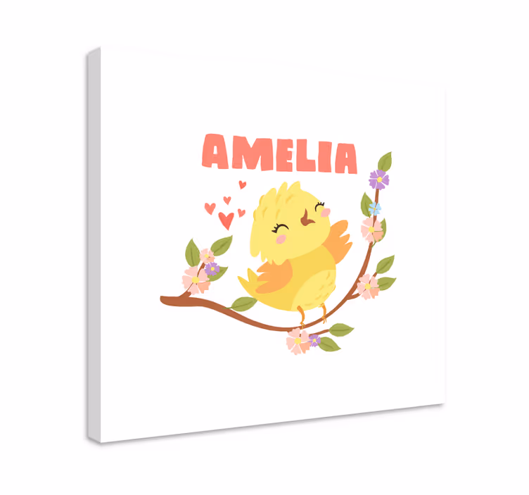 Cuadro aves Pollito con nombre y flores - TenVinilo