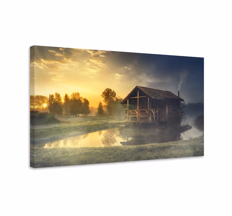 Cuadro paisajes reflexión de cabaña rústica - TenVinilo