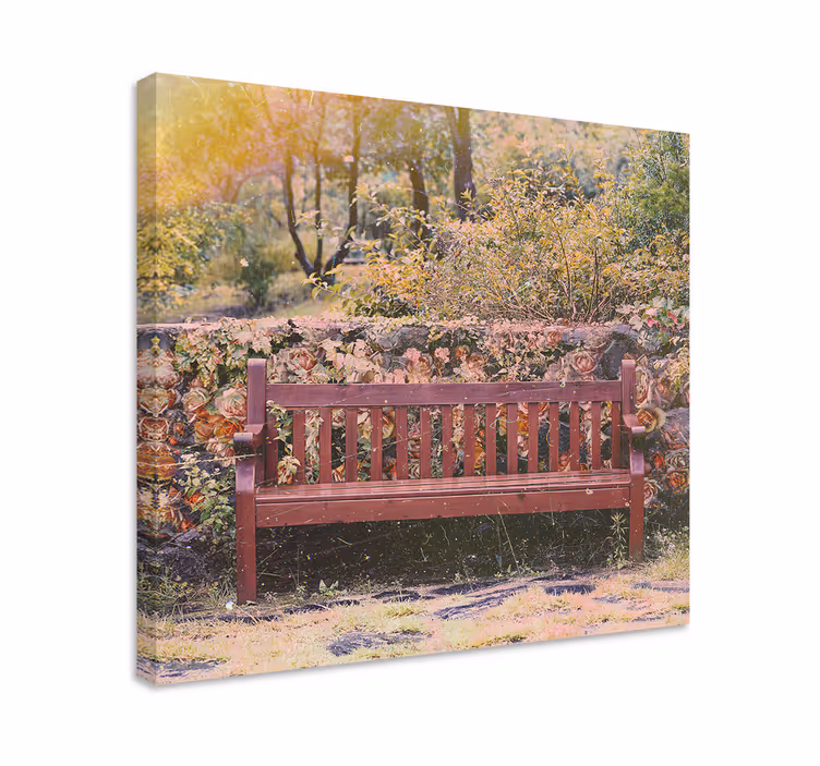 Cuadro de flores Banco de madera cottagecore entre rosas - TenVinilo