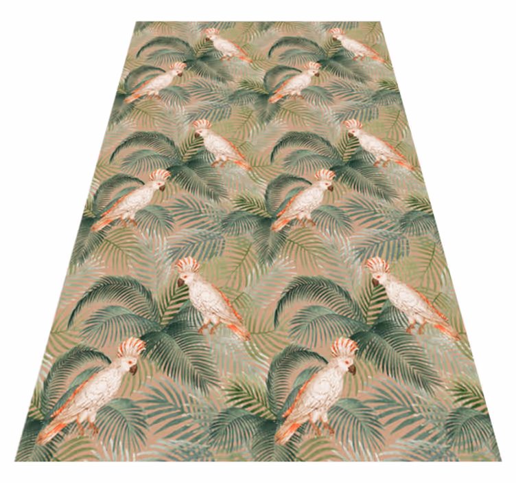 Alfombra vinílica de animales loros blancos en palmas beige - TenVinilo