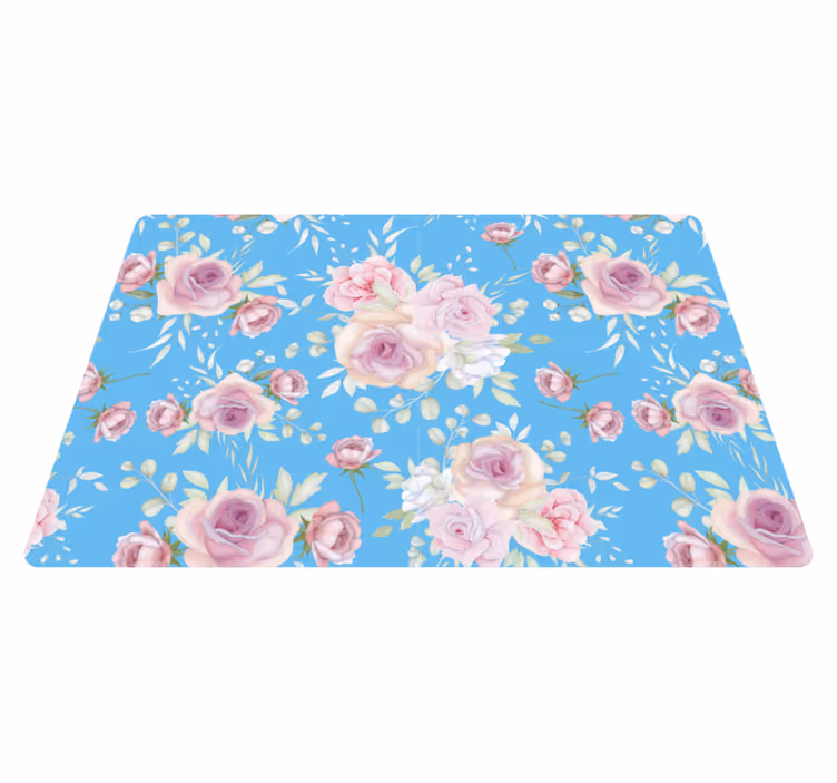Alfombra vinílica flores rosas sobre fondo azul - TenVinilo