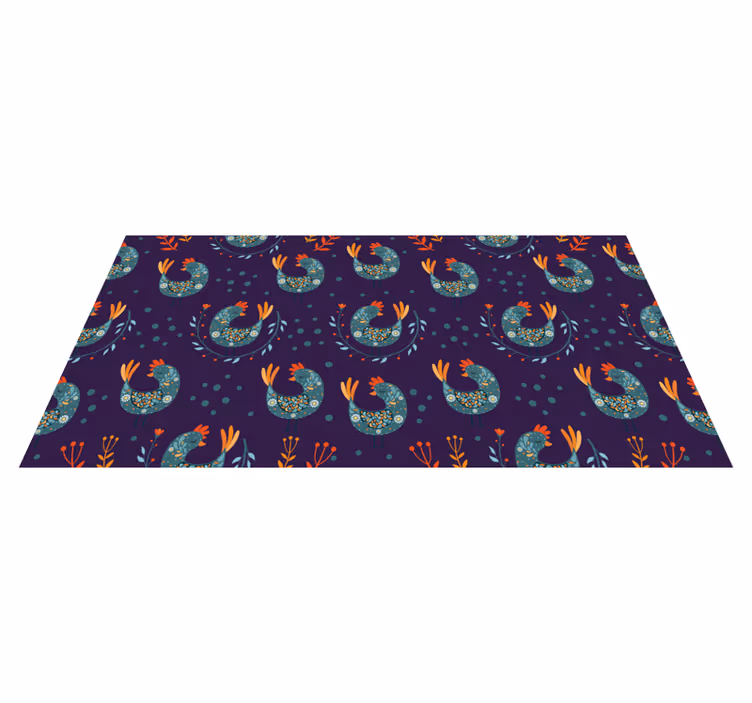 Alfombra vinílica flores pollos morados y flores - TenVinilo