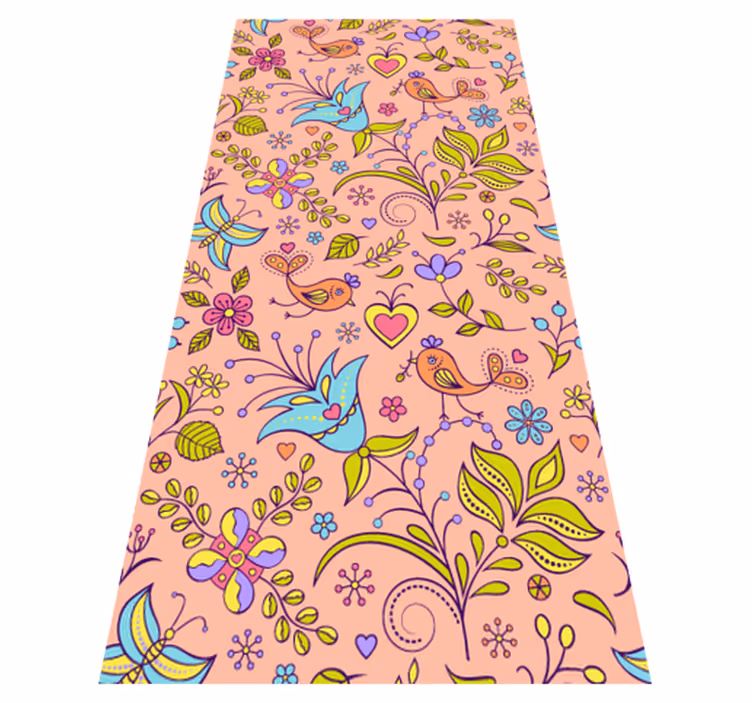 Alfombra vinílica flores diseño con aves y mariposas - TenVinilo