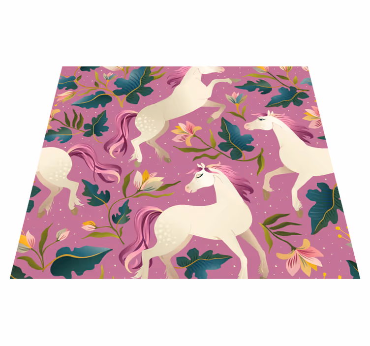 Alfombra vinílica dormitorio diseño de caballo rosa y floral - TenVinilo