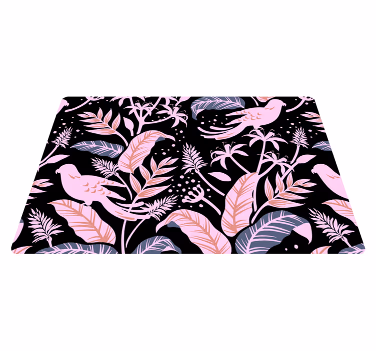 Alfombra vinílica flores aves negras y rosas sobre hojas - TenVinilo