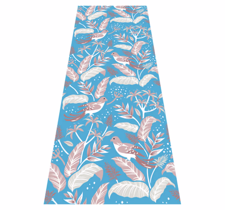 Alfombra vinílica dormitorio hojas tropicales azul y rosa - TenVinilo