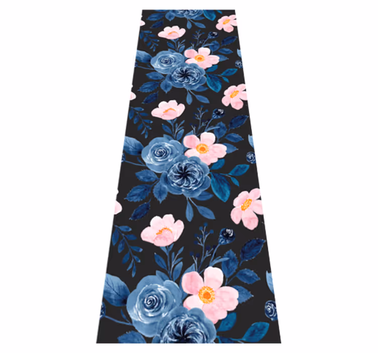 Alfombra vinílica salón patrón azul y rosa sobre negro - TenVinilo