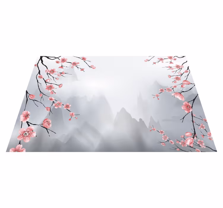 Alfombra vinílica gris flores de cerezo y montañas - TenVinilo
