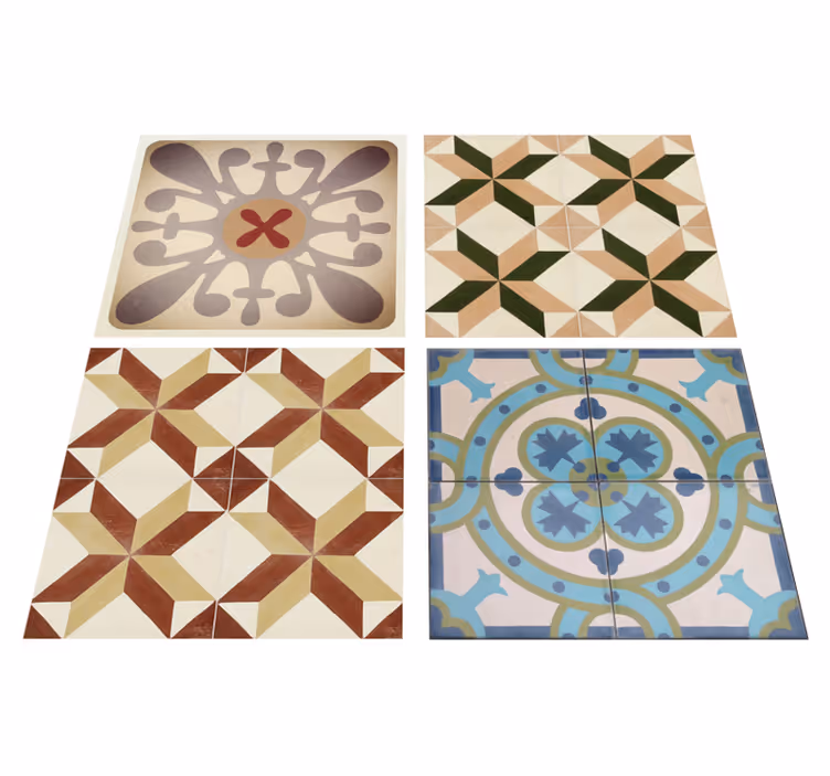 Alfombra vinílica beige con cenefa de mosaico hidráulico - TenVinilo