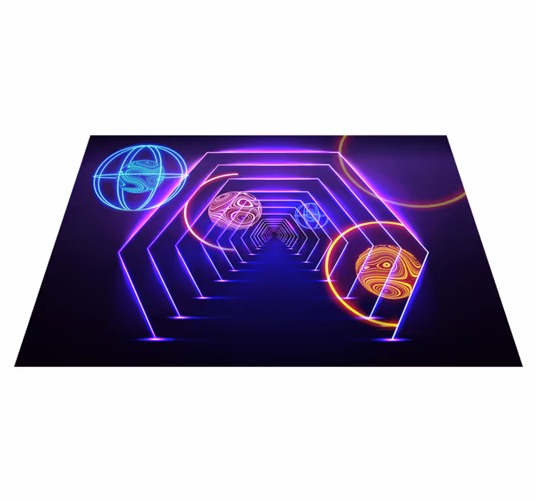 Alfombra vinílica lila vista de túnel hexagonal neón - TenVinilo