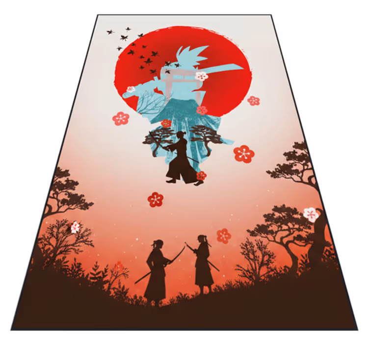 Alfombra vinílica roja ilustración de pelea al atardecer - TenVinilo