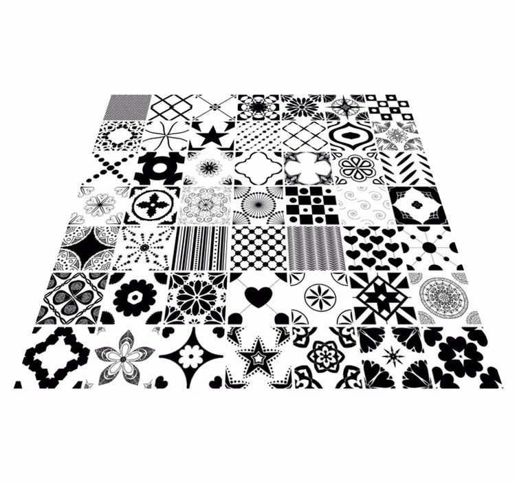 Alfombra vinílica hidráulica patrón geométrico negro blanco - TenVinilo