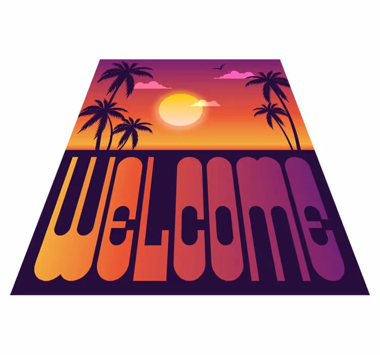 Alfombra vinílica frase bienvenida al atardecer tropical - TenVinilo