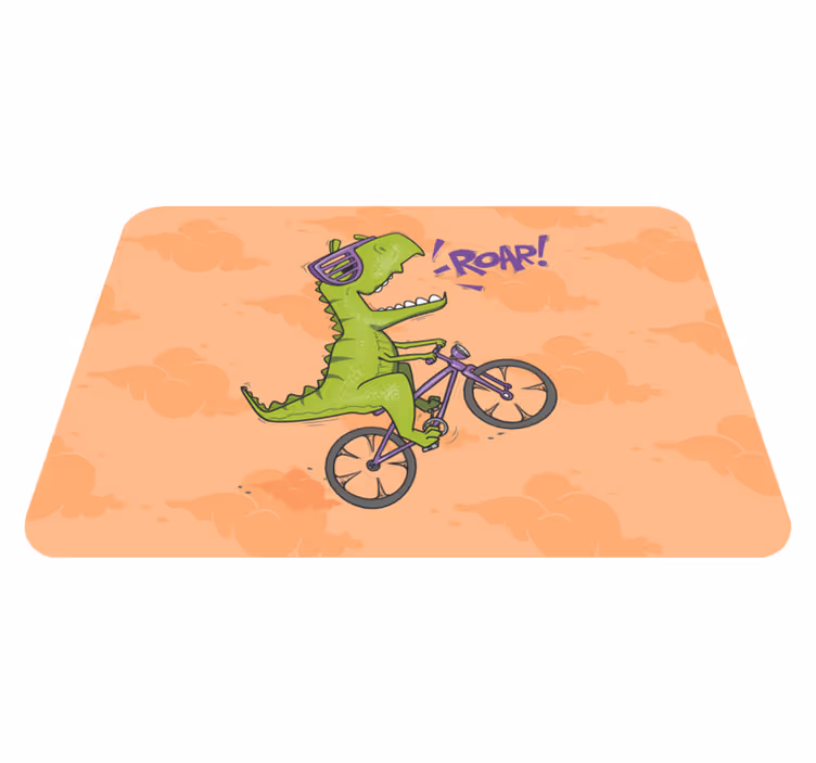 Alfombra vinílica infantil rugido de dinosaurio en bicicleta - TenVinilo