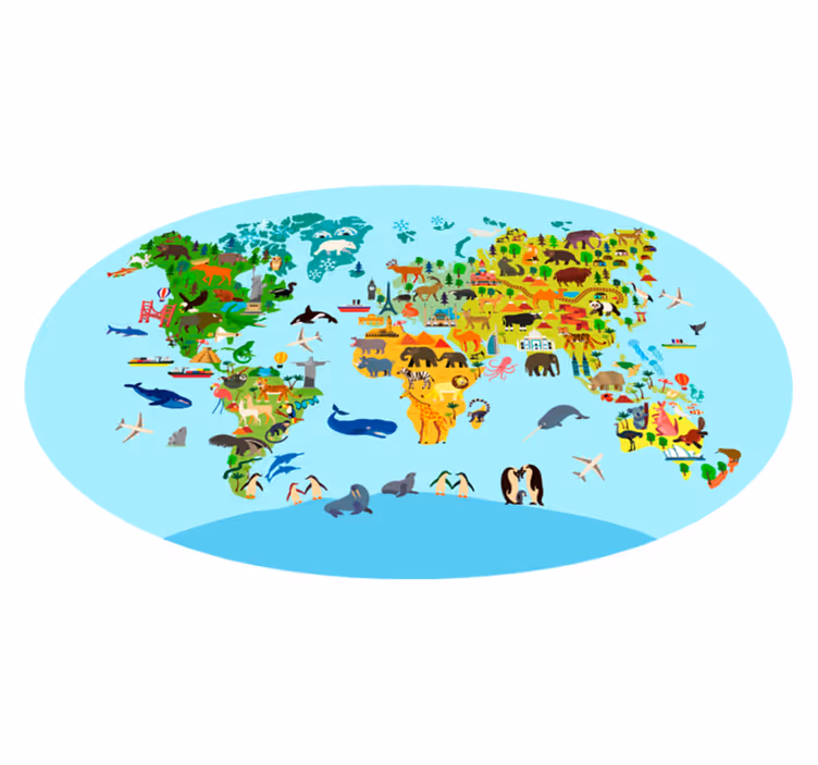 Alfombra vinílica infantil mapa del mundo de las criaturas - TenVinilo