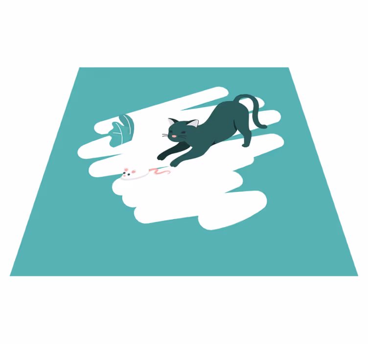 Alfombra vinílica dormitorio persecución de gato juguetón - TenVinilo