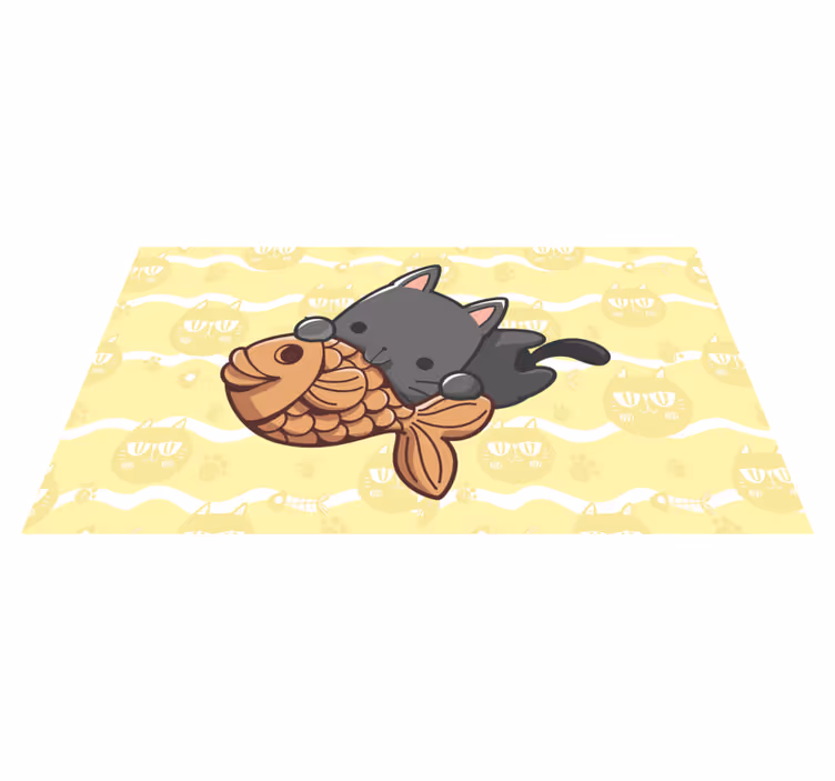 Alfombra vinílica de animales gato bebé comiendo pescado - TenVinilo